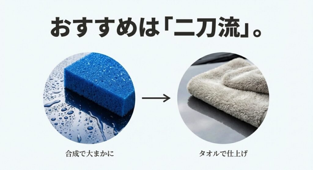 おすすめは「二刀流」 合成セームで大まかに拭きタオルで仕上げる二刀流