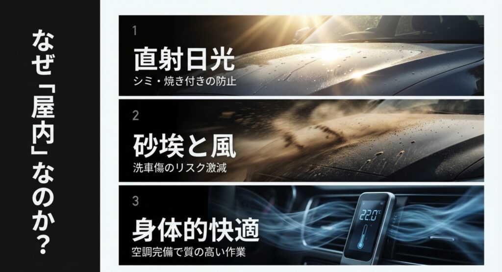 なぜ「屋内」なのか? 屋内洗車のメリット:直射日光遮断、砂埃防止、身体的快適性