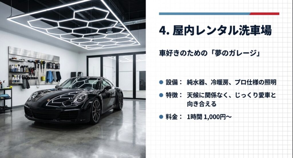 車好きのための夢のガレージ 屋内レンタル洗車場の設備