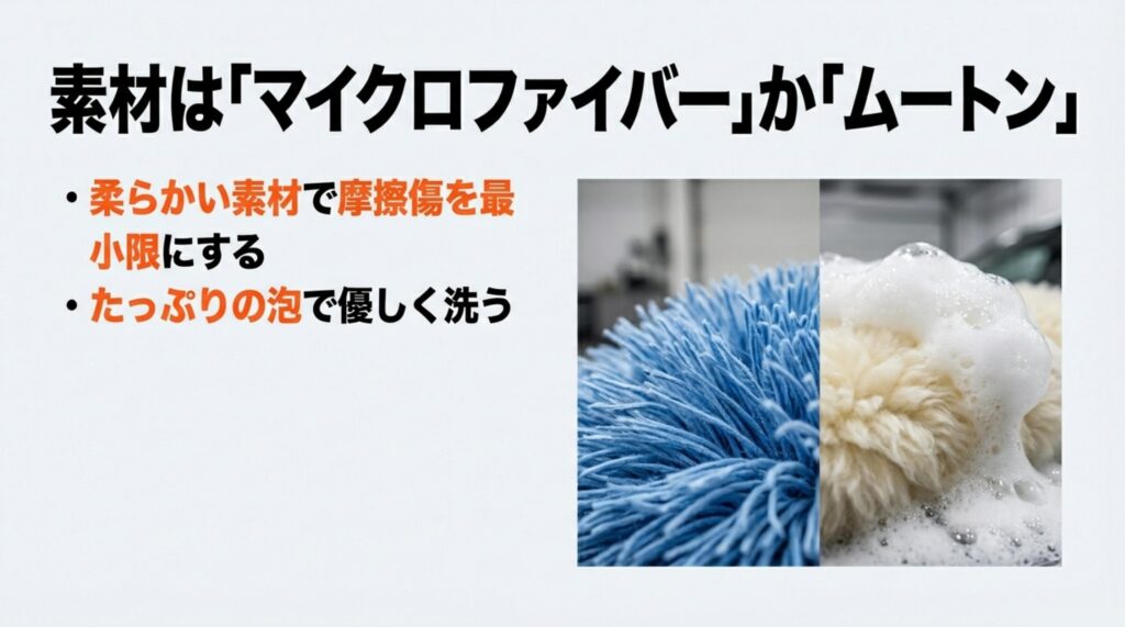 マイクロファイバーとムートン素材の比較、柔らかい素材で摩擦傷を最小限にしたっぷりの泡で優しく洗う