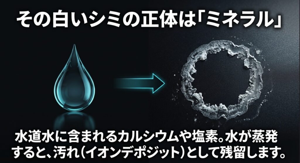 水道水に含まれるミネラルが白いシミの原因になる図解