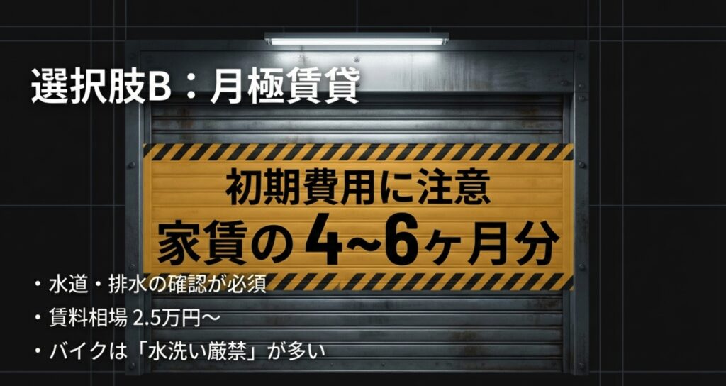 月極賃貸の費用と注意点 月極賃貸ガレージの初期費用内訳と水道・排水設備の重要性