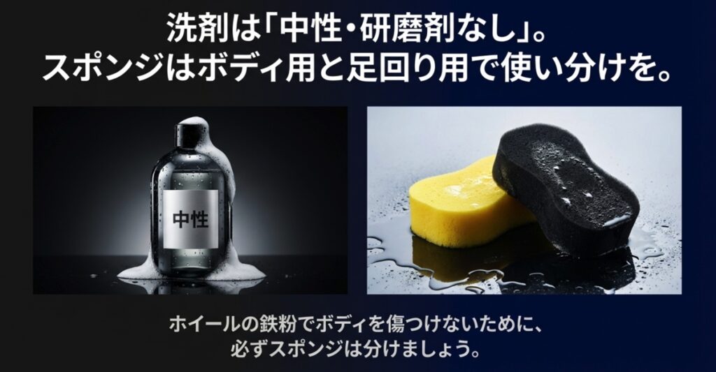 中性で研磨剤なしのシャンプーとスポンジの使い分け