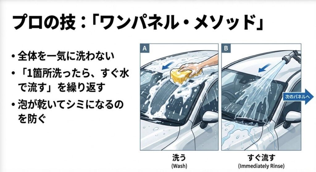 全体を一気に洗わず、1パネル洗うごとに水で流して乾燥を防ぐワンパネル・メソッドの解説図