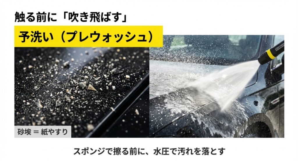 予洗いで汚れを吹き飛ばす様子と砂埃の危険性