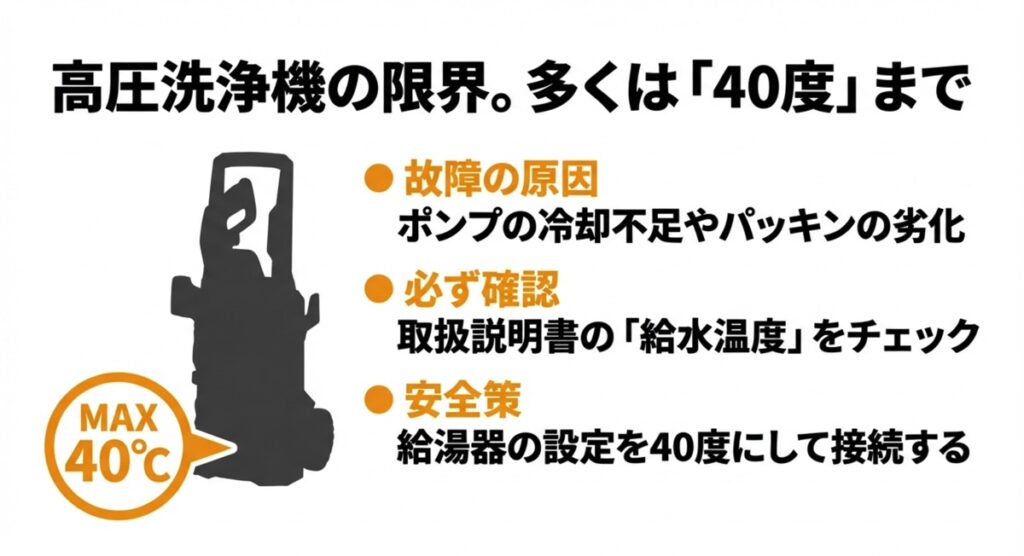 高圧洗浄機の給水温度上限が40度であることを示すアイコン。