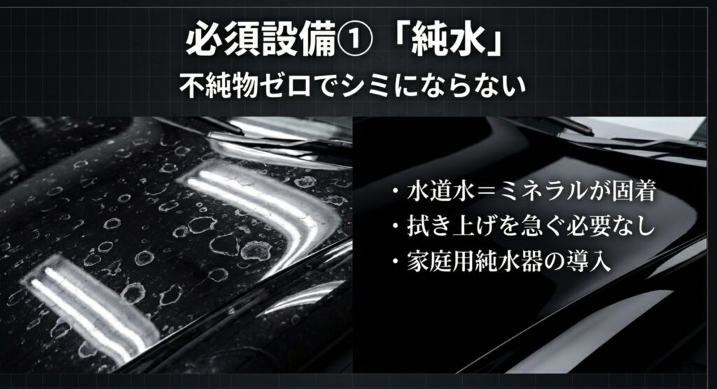 必須設備①「純水」 不純物ゼロの純水使用によるシミ防止効果とメリット