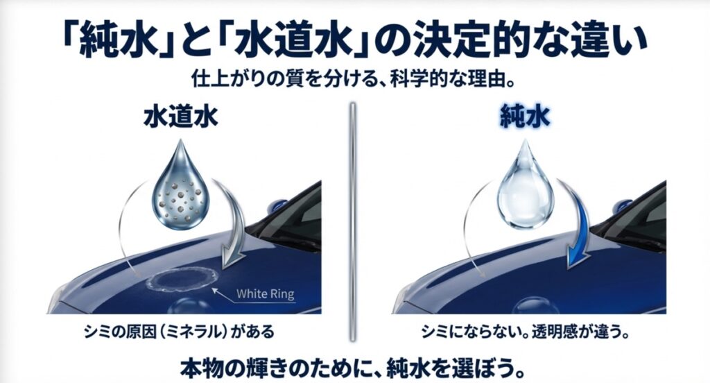 純水と水道水のシミ(ホワイトリング)ができるメカニズムの違い