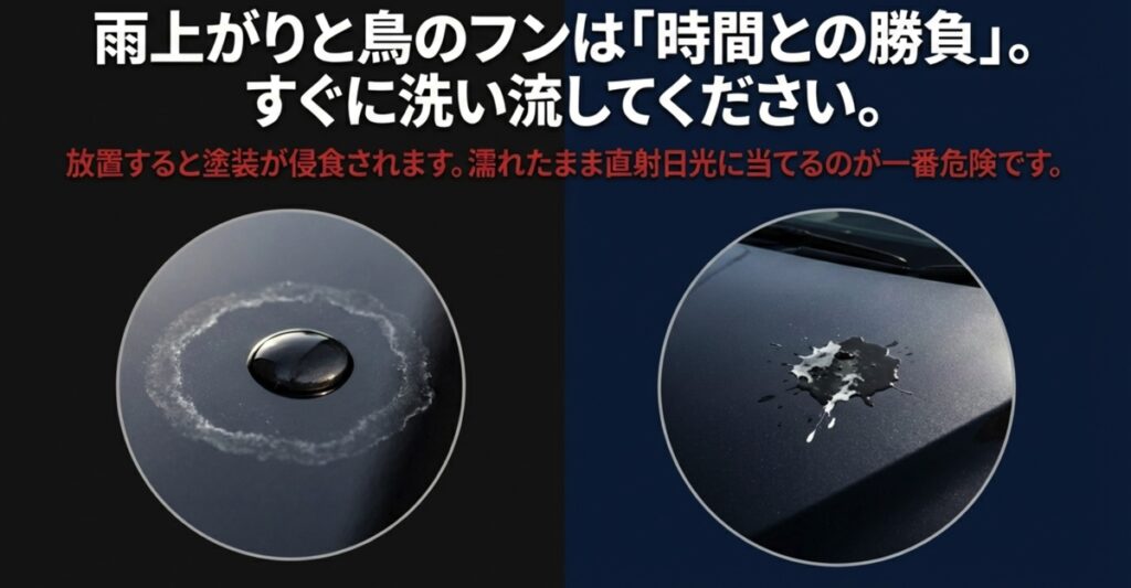 雨上がりと鳥のフンは時間との勝負という警告