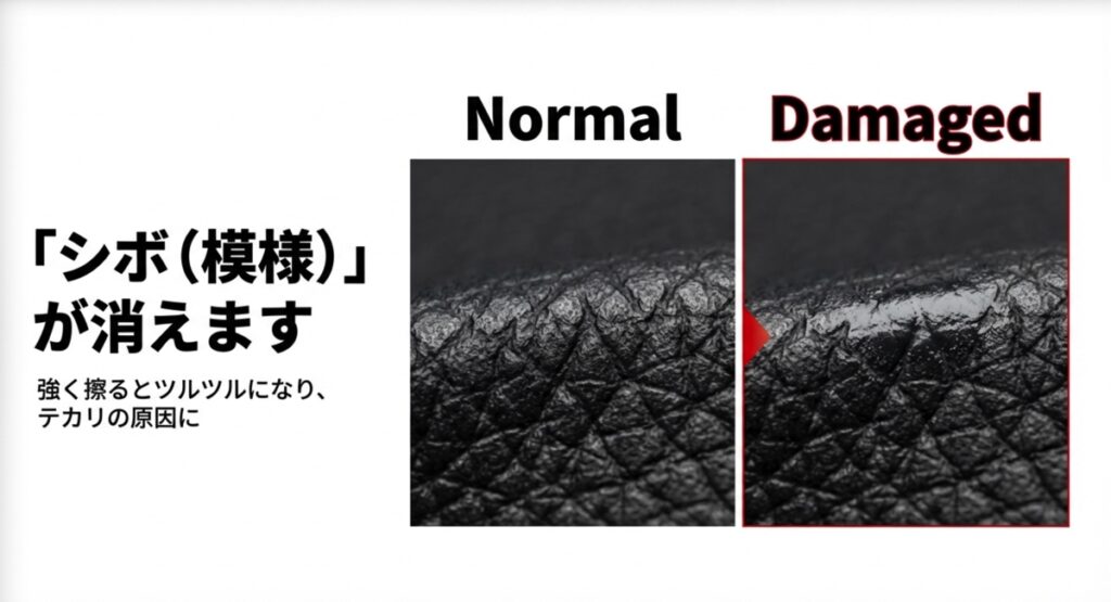 強く擦るとシボが消えてツルツルになりテカリの原因になる比較画像