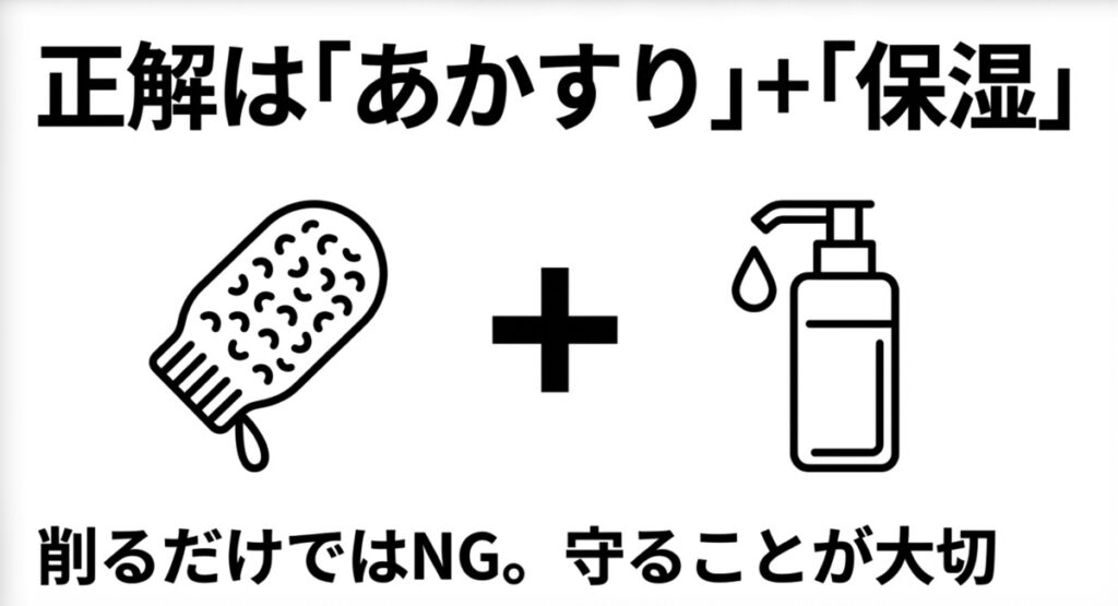削るだけでなく守ることが大切というあかすりと保湿のイメージ