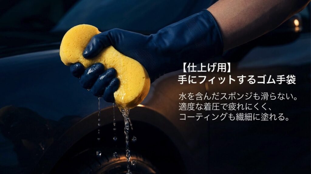 仕上げ用の手にフィットするゴム手袋でスポンジを絞る様子