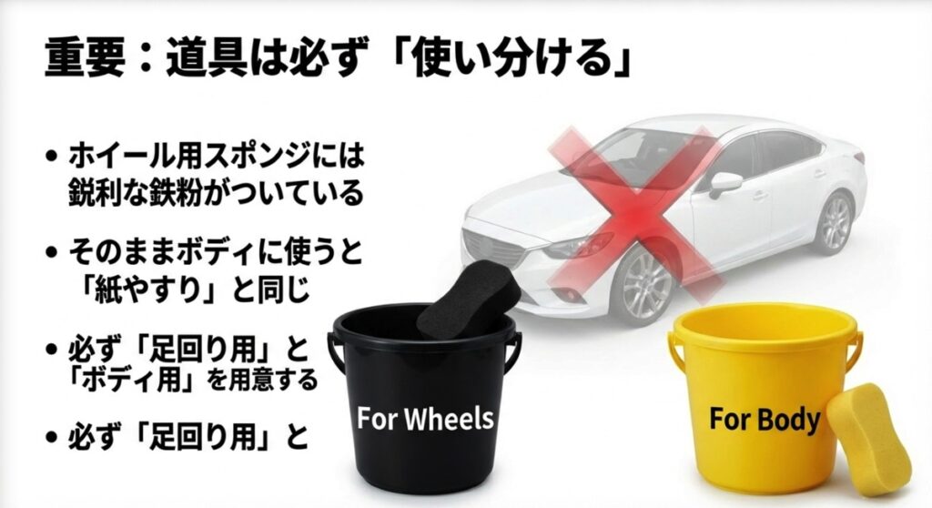ホイールについた鉄粉でボディを傷つけないよう、スポンジやバケツを使い分けることの重要性