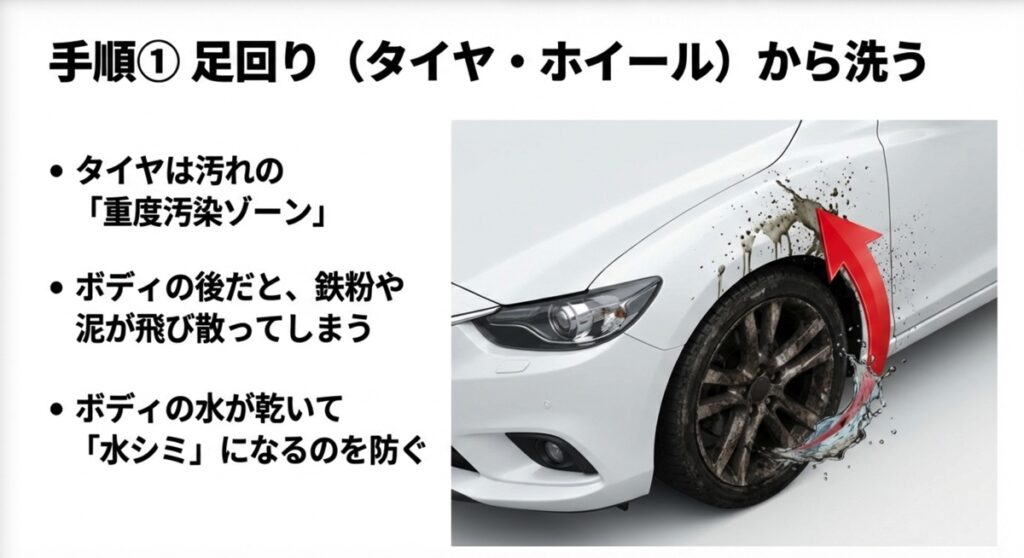 タイヤは重度汚染ゾーンのため、ボディへの飛び散りを防ぐために一番最初に洗う必要がある