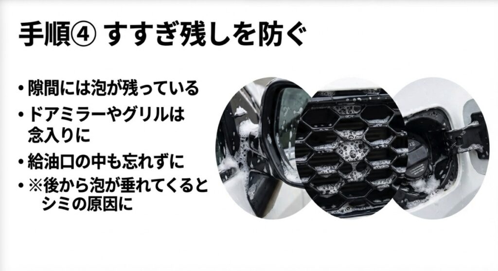 ドアミラーやグリル、給油口など、洗剤が残りやすい隙間のポイント解説