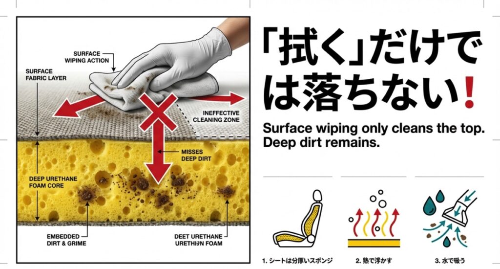 「拭く」だけでは落ちないシート内部の汚れ シートの断面図。表面を拭くだけでは奥の汚れが落ちない様子