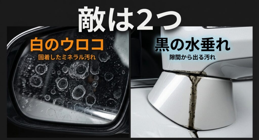 サイドミラー洗車の2大敵である白のウロコ汚れと黒の水垂れ