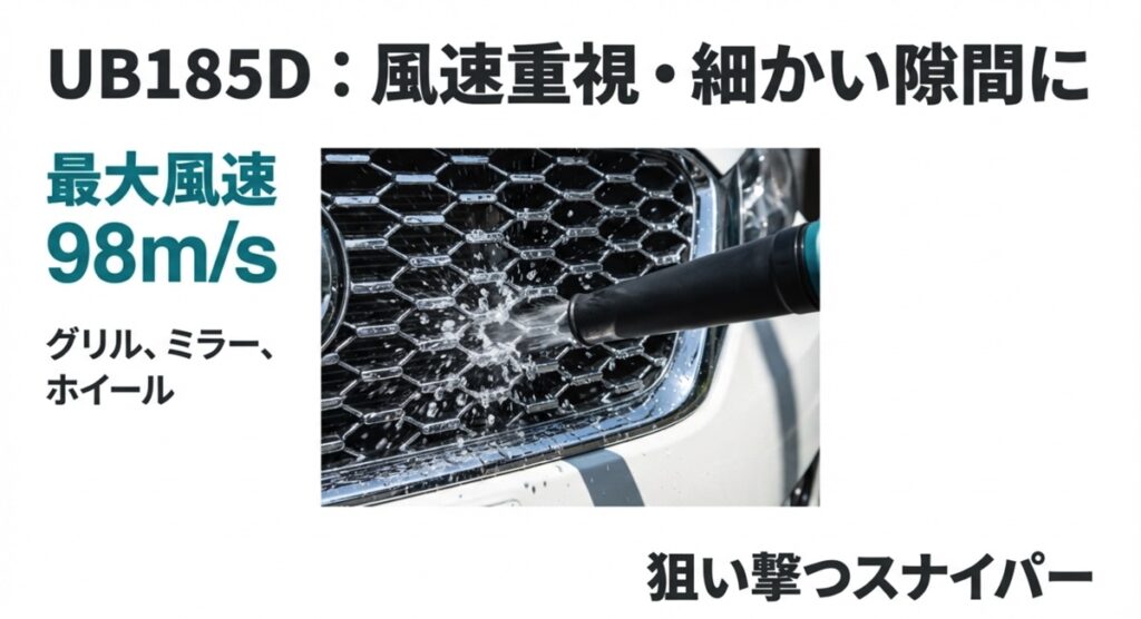 風速重視・細かい隙間に:UB185D UB185Dでフロントグリルの水を飛ばす様子