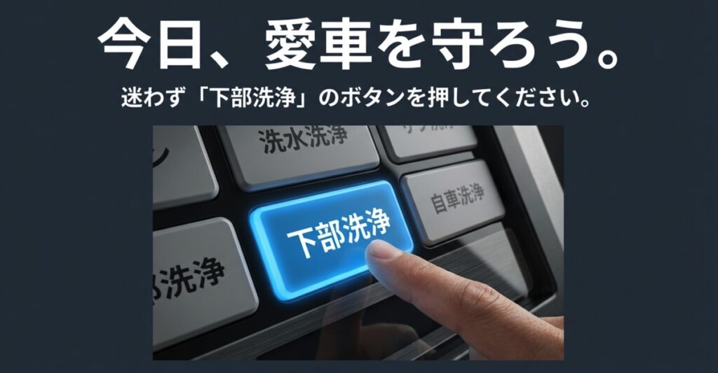 今日、愛車を守ろう。迷わず「下部洗浄」のボタンを 洗車機の下部洗浄ボタンを押す指のアップ画像