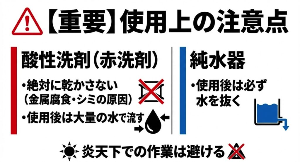 酸性洗剤や純水器使用時の注意点