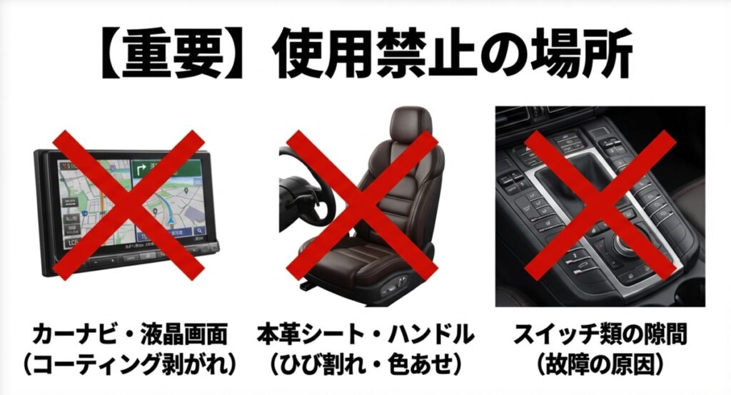 カーナビの液晶画面や本革シートなど、ウタマロクリーナーを使ってはいけない場所とNG理由