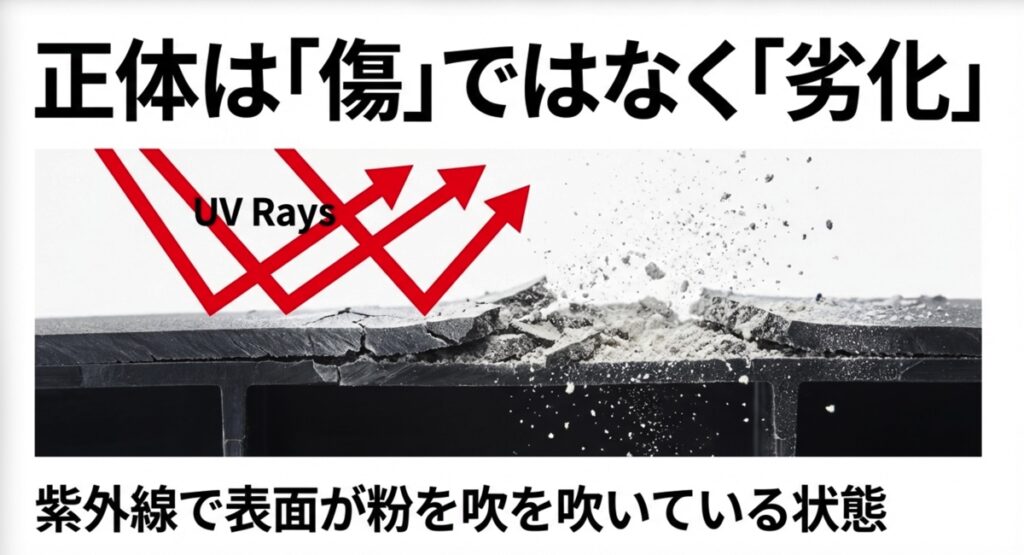 紫外線で表面が粉を吹いている白化現象の図解