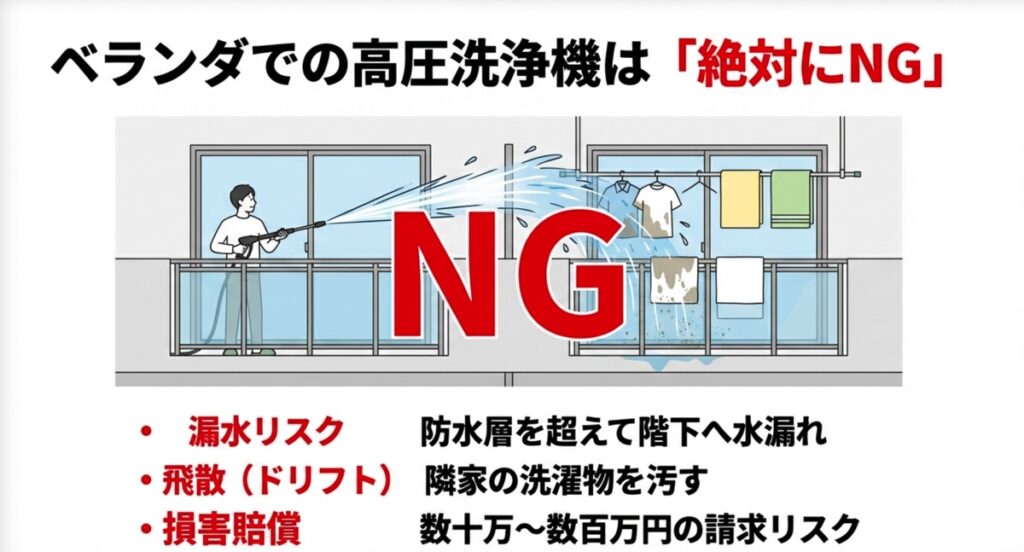 ベランダで高圧洗浄機を使うと階下への漏水や近隣への飛散トラブルになるためNG