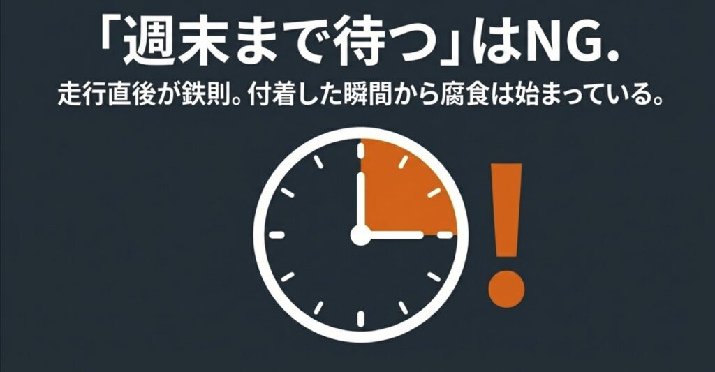 「週末まで待つ」はNG。走行直後が鉄則 走行直後の洗浄が鉄則であり週末まで待つのはNGであることを示す時計の図