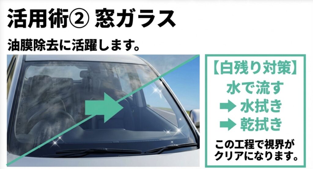 ウタマロクリーナーで窓の油膜を落とし、水拭きと乾拭きで白残りを防ぐ工程の解説