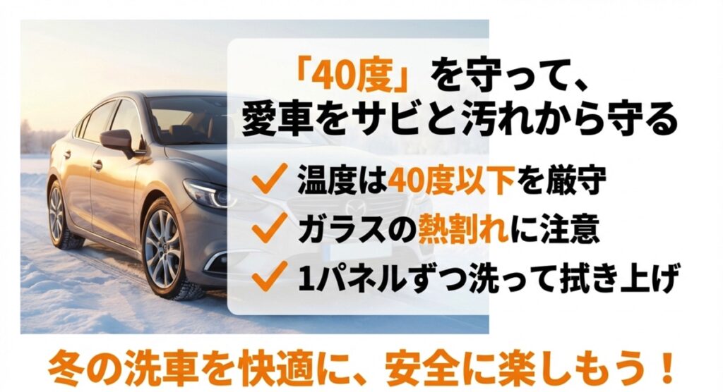 40度メソッドのまとめ。温度厳守、熱割れ注意、1パネルずつの作業を推奨。