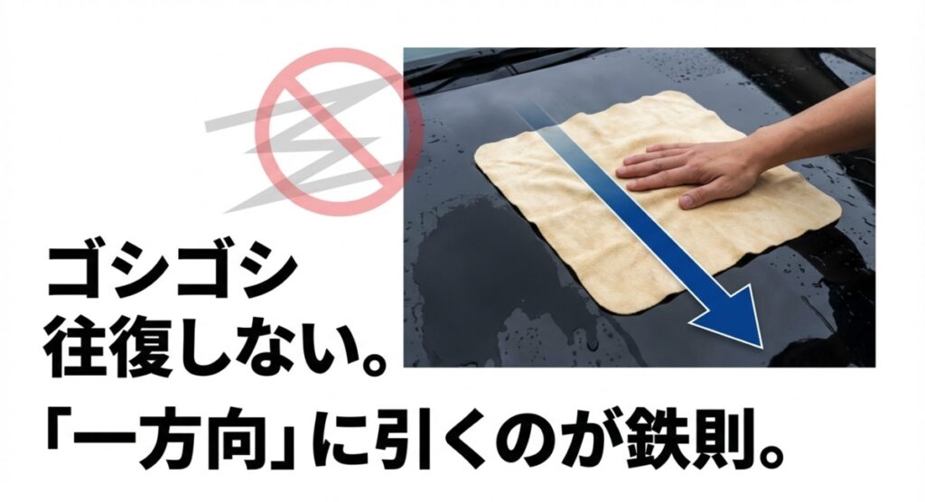 「一方向」に引くのが鉄則 ゴシゴシ往復せず一方向に引くのがセーム革の鉄則