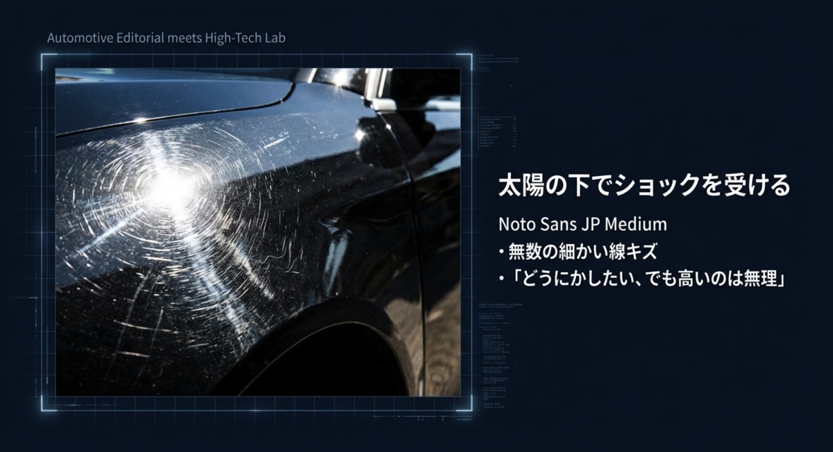 太陽光で浮かび上がる無数の細かい洗車傷（スワールマーク）