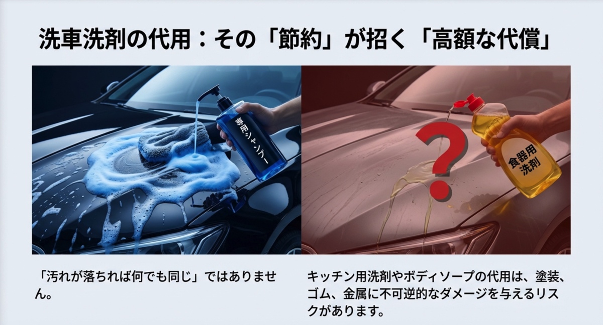 専用のカーシャンプーと台所用洗剤を持った手を比較し、洗車の代用が可能か疑問を投げかけているイメージ画像