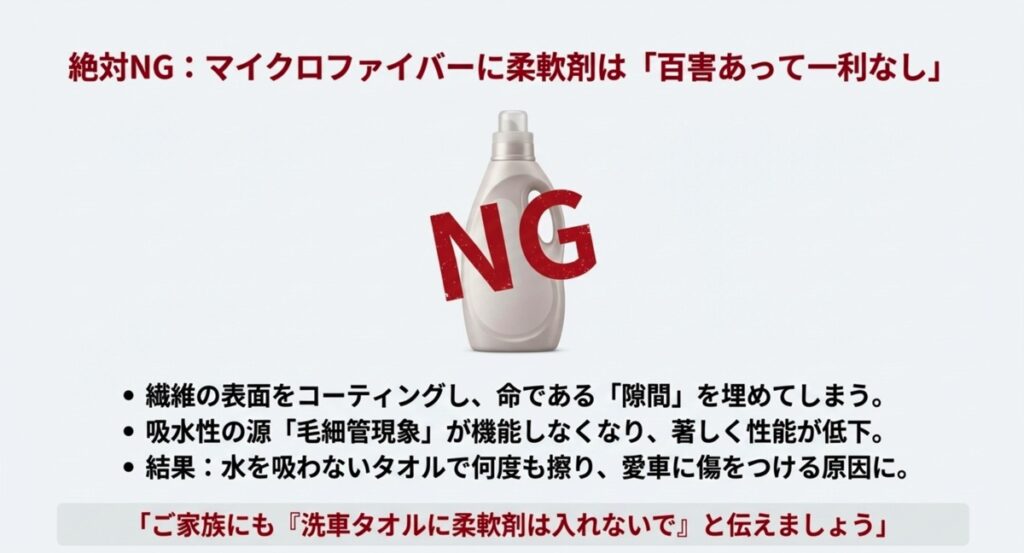 柔軟剤を使用することで繊維の隙間が埋まり吸水性が低下するNG例