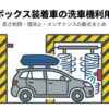 ルーフボックスを載せた車がガソリンスタンドの洗車機に入庫しているイラスト