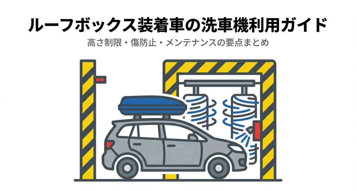 ルーフボックスを載せた車がガソリンスタンドの洗車機に入庫しているイラスト