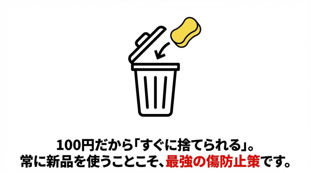 100円だからすぐに捨てられる。常に新品を使うことこそ最強の傷防止策