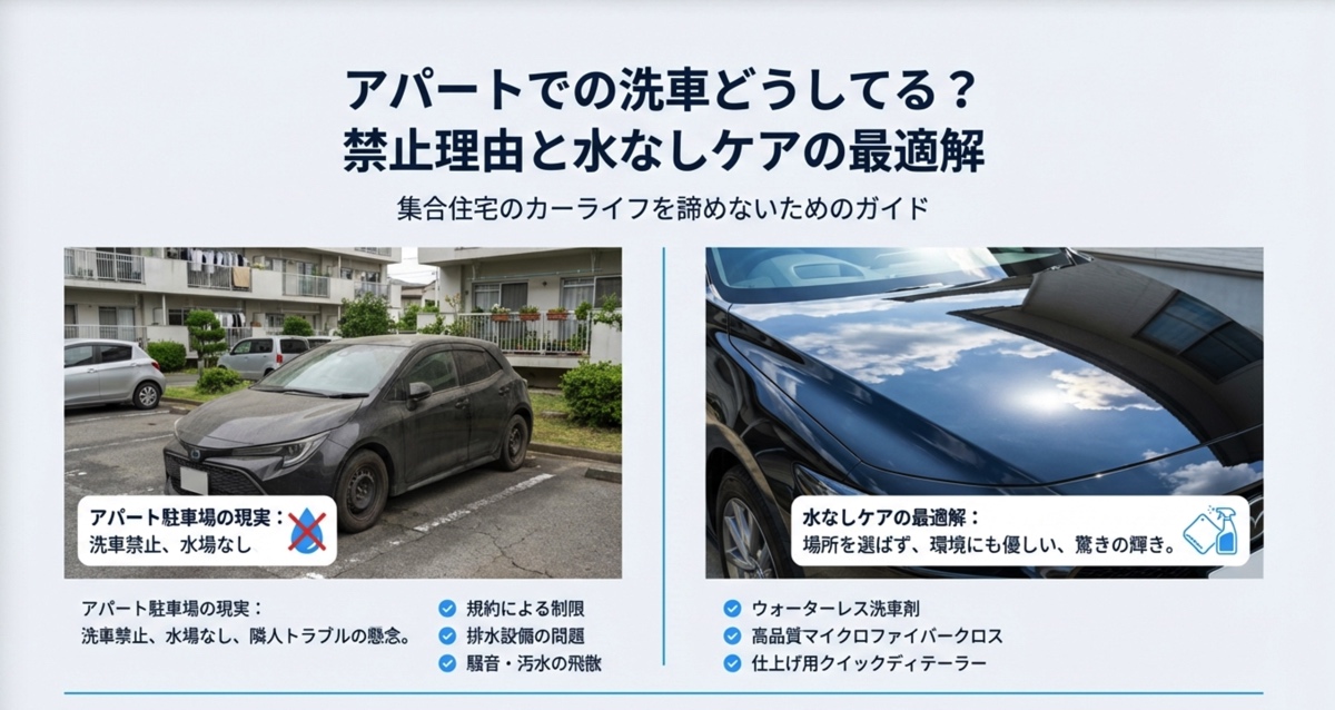 アパート駐車場で洗車禁止・水場なしという現実に直面している汚れた車のイメージ