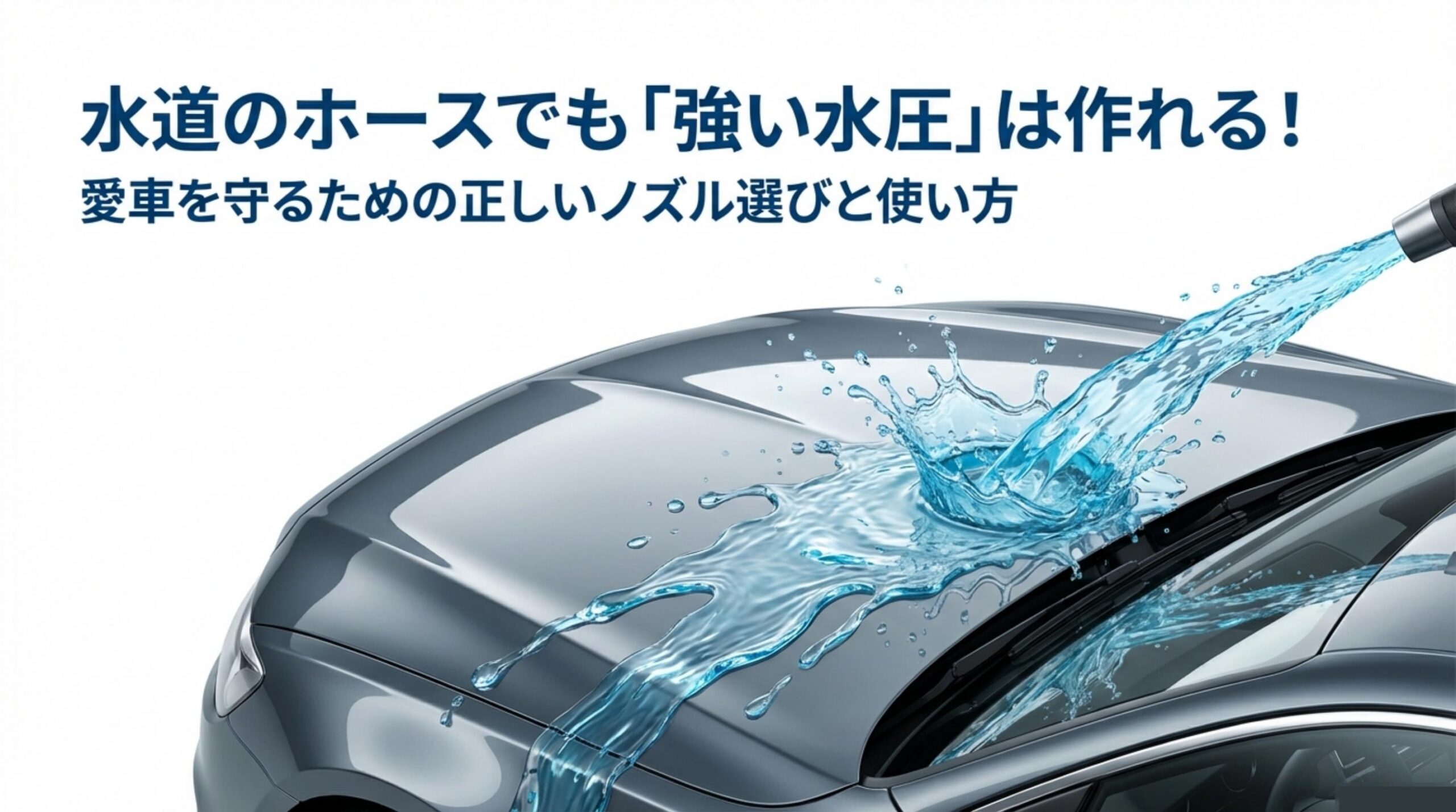 水道ホースで強い水圧を作り出すイメージ図とタイトル
