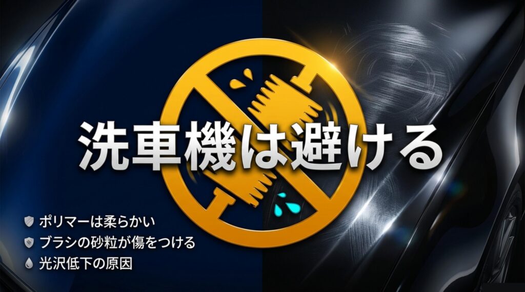 洗車機がポリマーコーティングに傷をつけるリスクを警告する禁止マーク