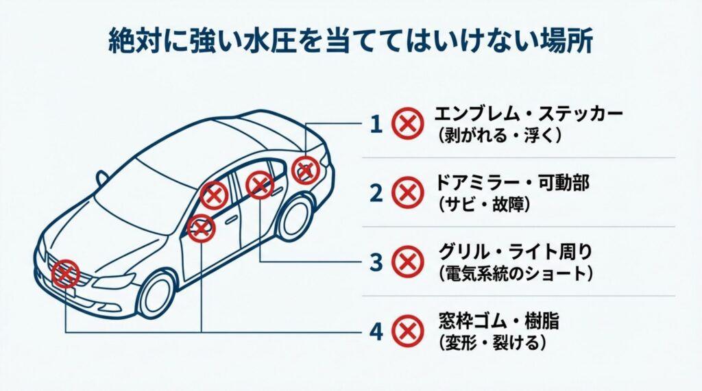 エンブレム、ドアミラー、グリル、窓枠など、強い水圧を当ててはいけない要注意パーツの図解