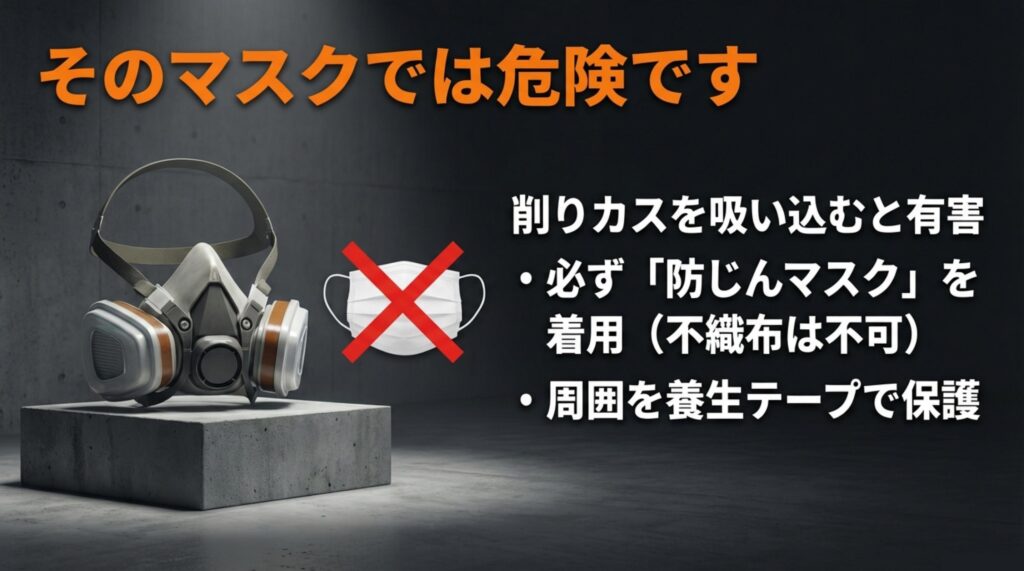 削りカスを吸い込むと有害なため防じんマスクを必ず着用する