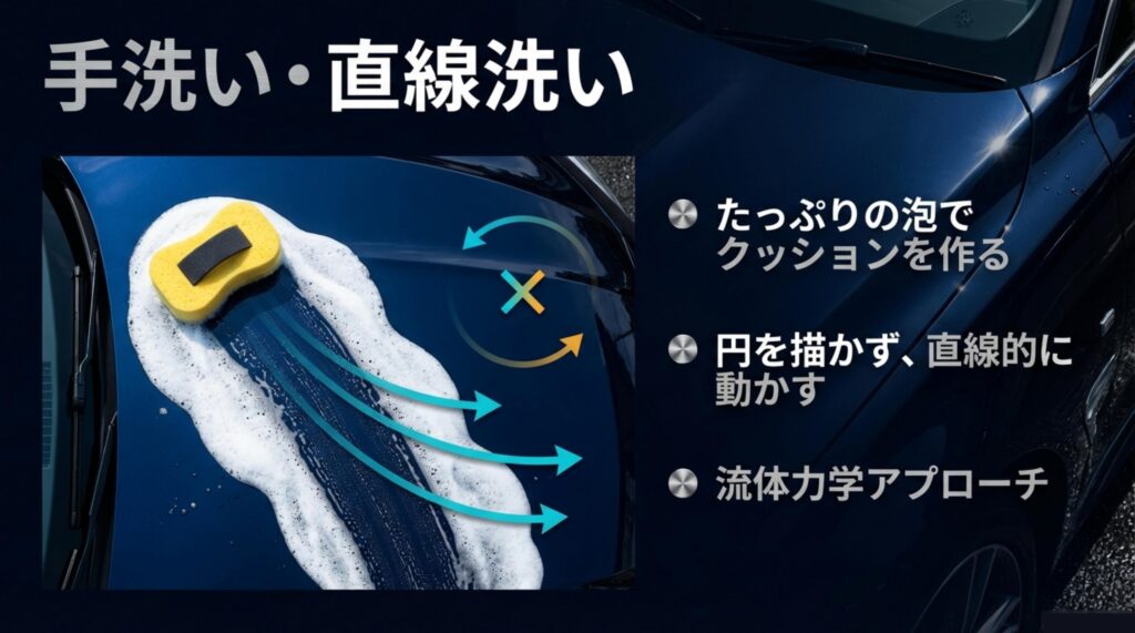 泡をたっぷり使った手洗い洗車で直線的にスポンジを動かす正しい洗い方