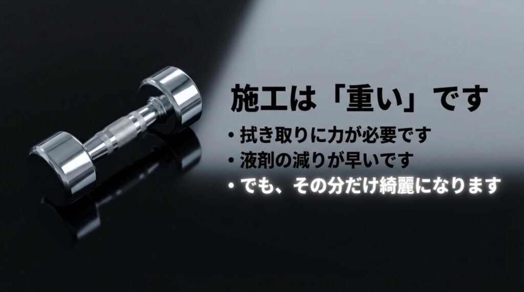 拭き取りに力が必要で液剤の減りも早いなど施工が重いというデメリット