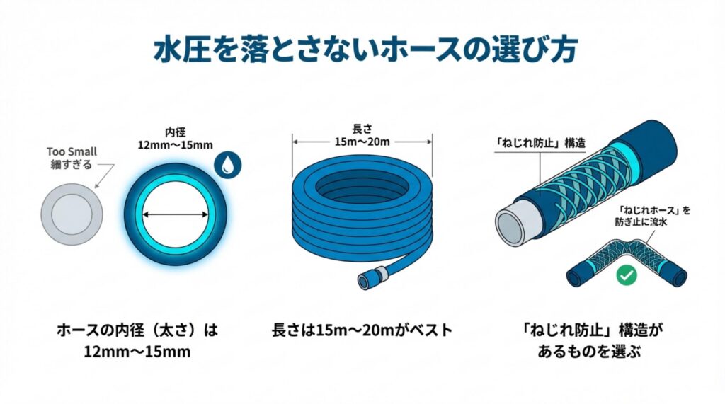 水圧を落とさないためのホース選び（内径12〜15mm、長さ15〜20m、ねじれ防止構造）の図解
