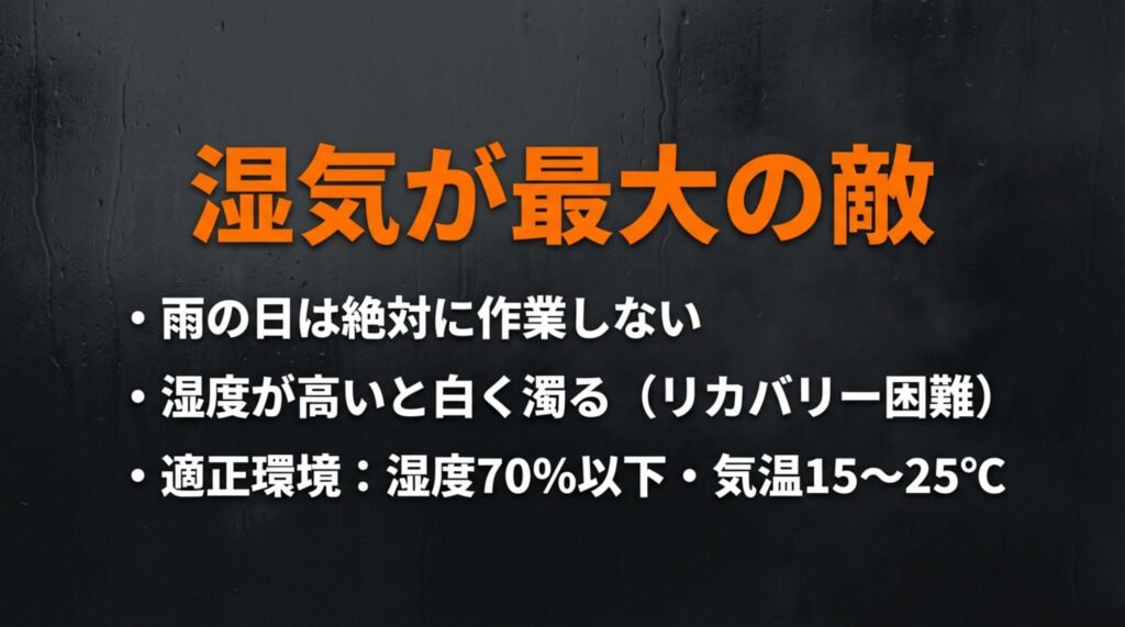 湿気が最大の敵であり湿度70%以下での作業が推奨される