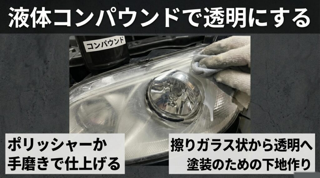 液体コンパウンドを使って擦りガラス状から透明に仕上げる