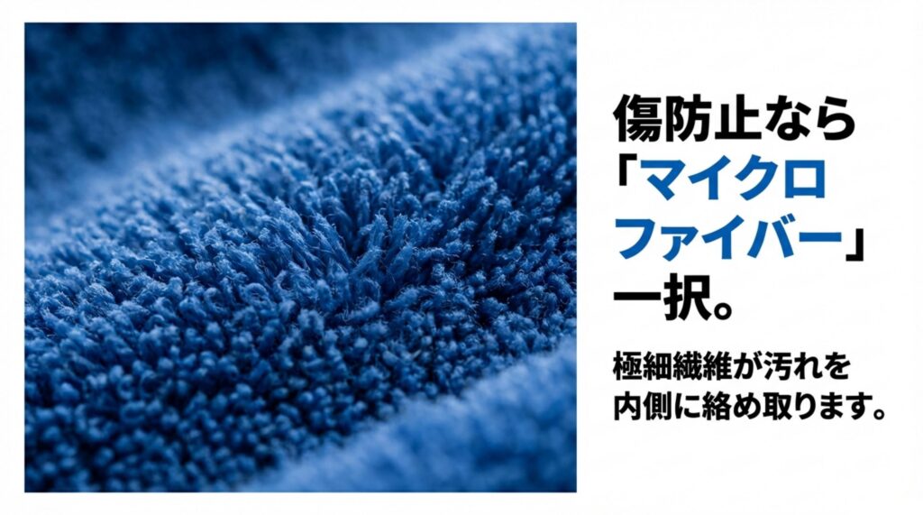 傷防止ならマイクロファイバー一択。極細繊維が汚れを内側に絡め取る仕組み