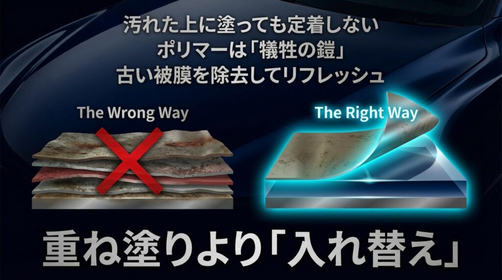 ポリマーは重ね塗りではなく古い被膜を除去して入れ替えるのが正しいメンテナンス方法