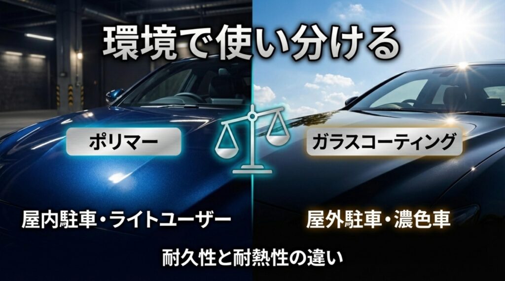 屋内駐車のライトユーザーにはポリマー、屋外駐車の濃色車にはガラスコーティングを推奨する比較